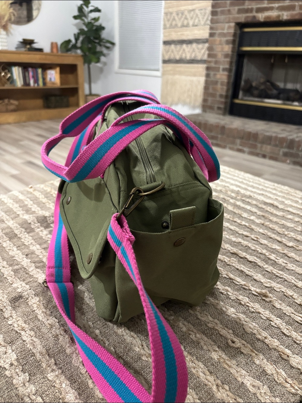 Ralph Lauren Olive Green Canvas Duffel with Pink & Teal Straps - Picture 5 of 10